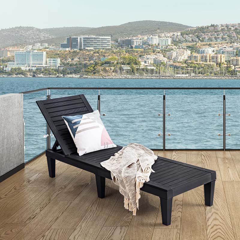 Outdoor Patio Chaise Lounge Chair Recliner - Adjustable 5 Positions, Wood Texture Design