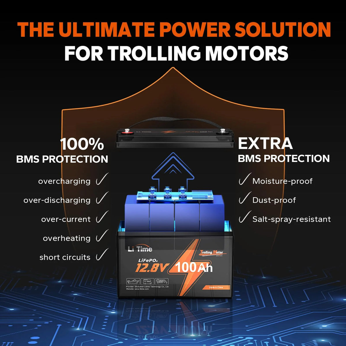 LiTime 12V 100Ah TM LiFePO4 Lithium Trolling Motor Battery With Built-In 100A BMS - Group 24