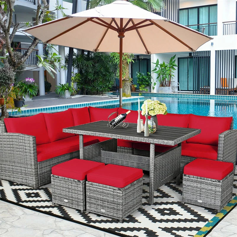 7-Piece Rattan Patio Dining Set With 3 Corner Chairs, 3 Ottomans And Table