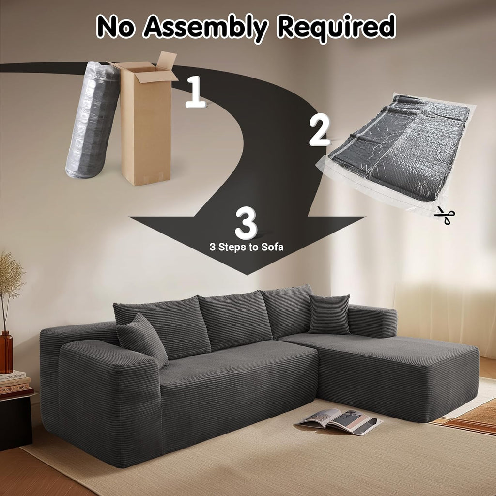 ovios 104in L-Shape Sectional Sofa With Chaise, Grey Plush Corduroy Fabric