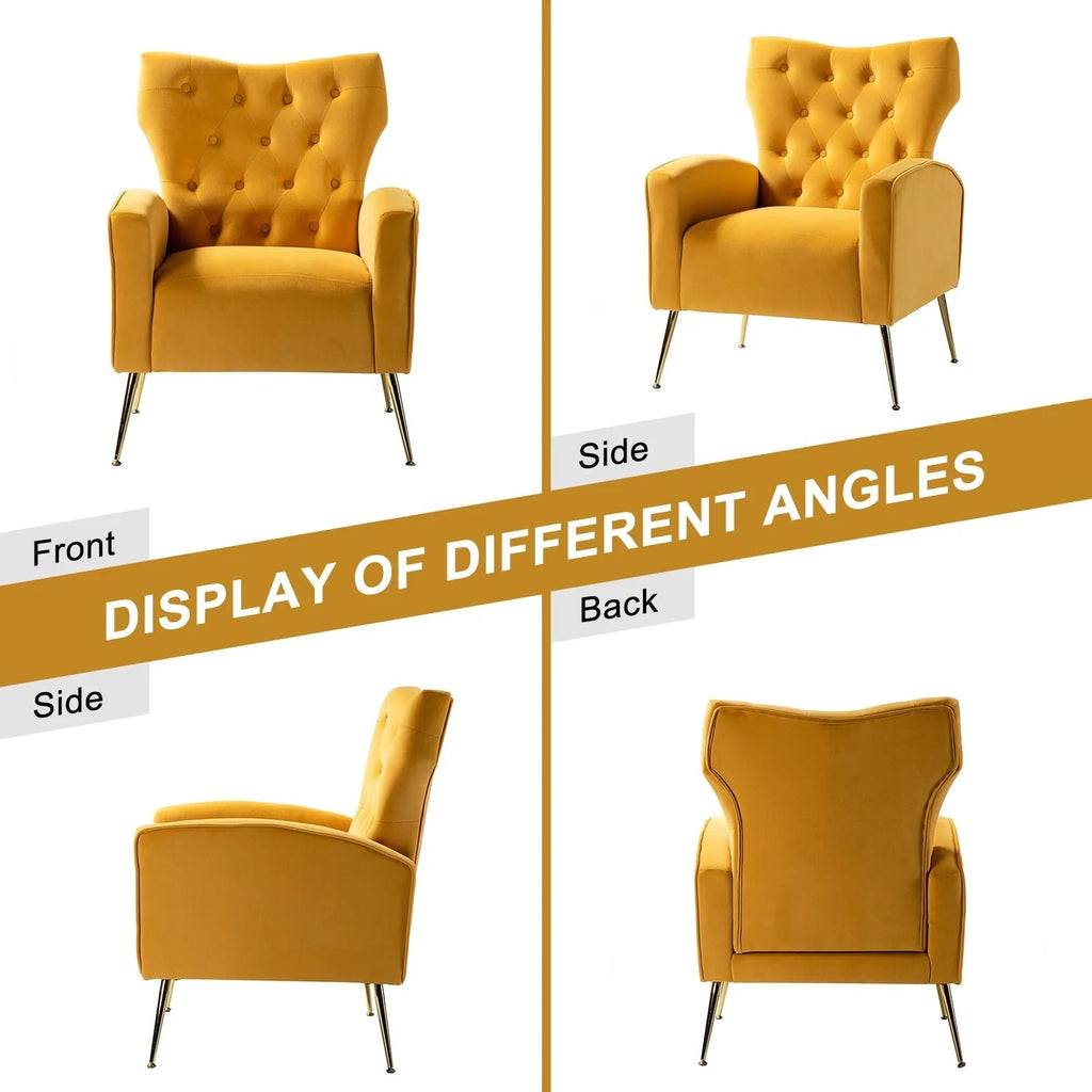 14 Karat Home Velvet Accent Chair With Button-Tufted Back And Metal Legs - Mustard