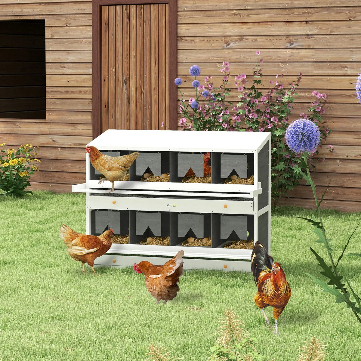 PawHut Chicken Nesting Boxes With 2 Egg Collection Trays, 8 Compartments