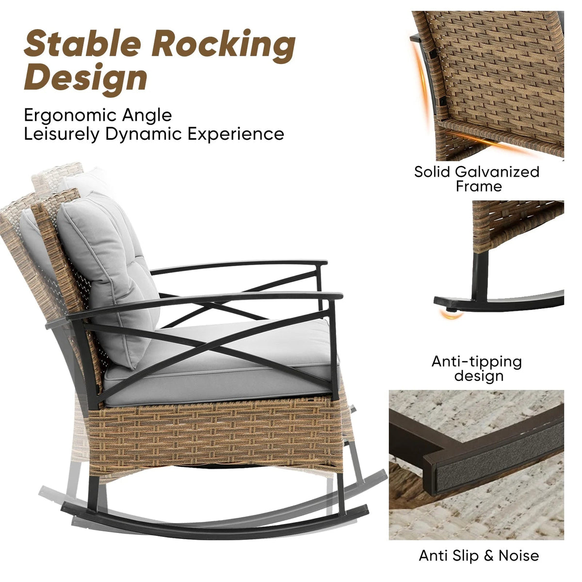 Seizeen 3-Piece Patio Conversation Set With Rocking Chairs And 2-Tier Coffee Table