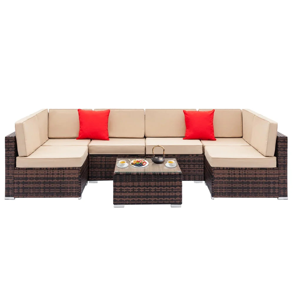 SESSLIFE 7-Piece Wicker Patio Sofa Set With Glass Coffee Table - Brown Rattan Beige Cushions