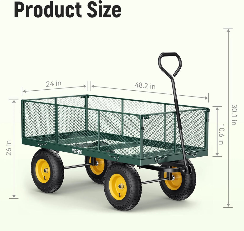 Vibemo Steel Garden Cart 2-in-1, 1400 lbs, 13 in Pneumatic Tires, Black - VB-GC02