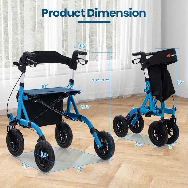 Foldable Rolling Rollator Walker With Seat, 9.5 Inch Pneumatic Wheels