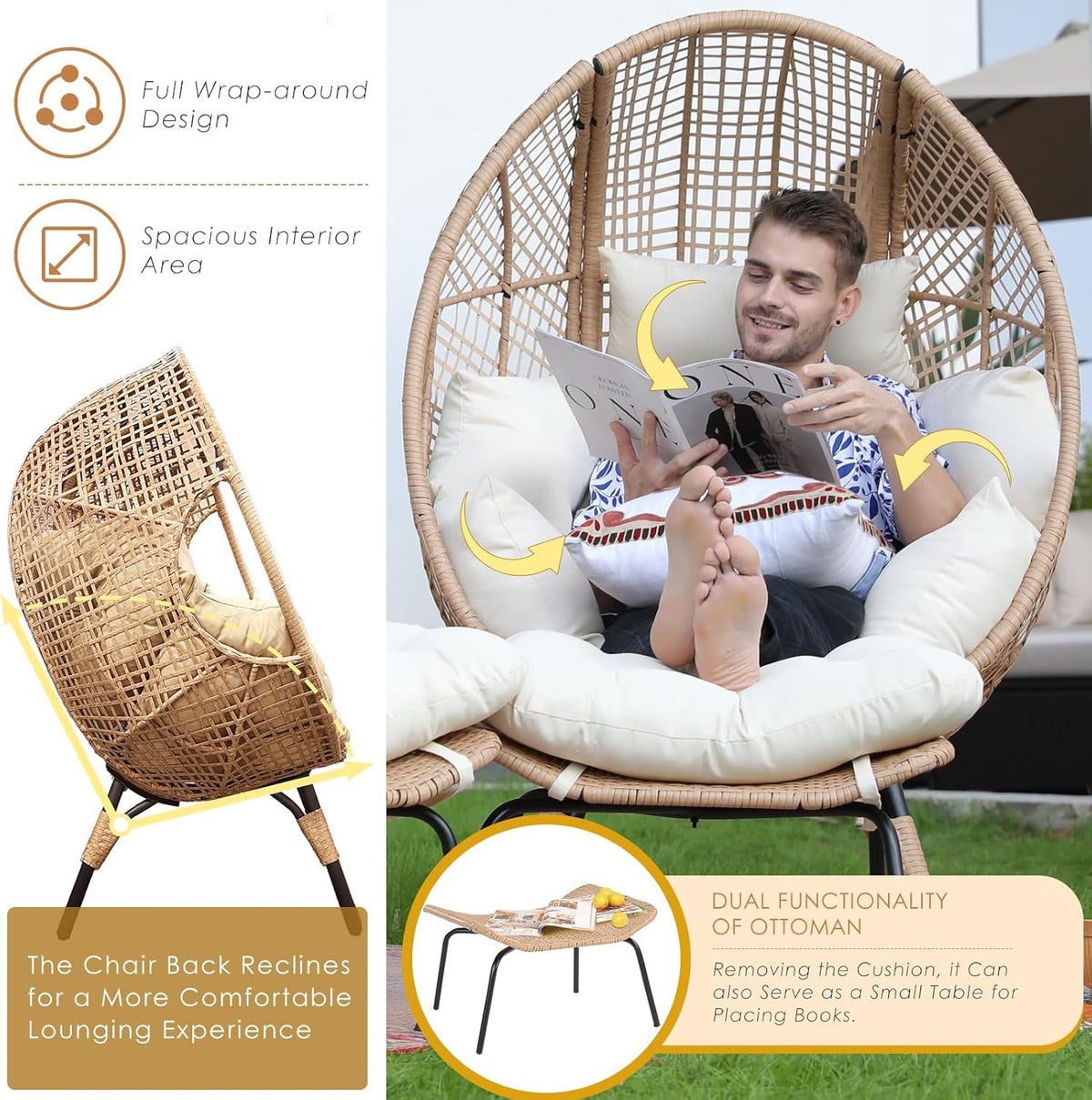NICESOUL Wicker Egg Chair With Ottoman, Beige - 440 Lbs