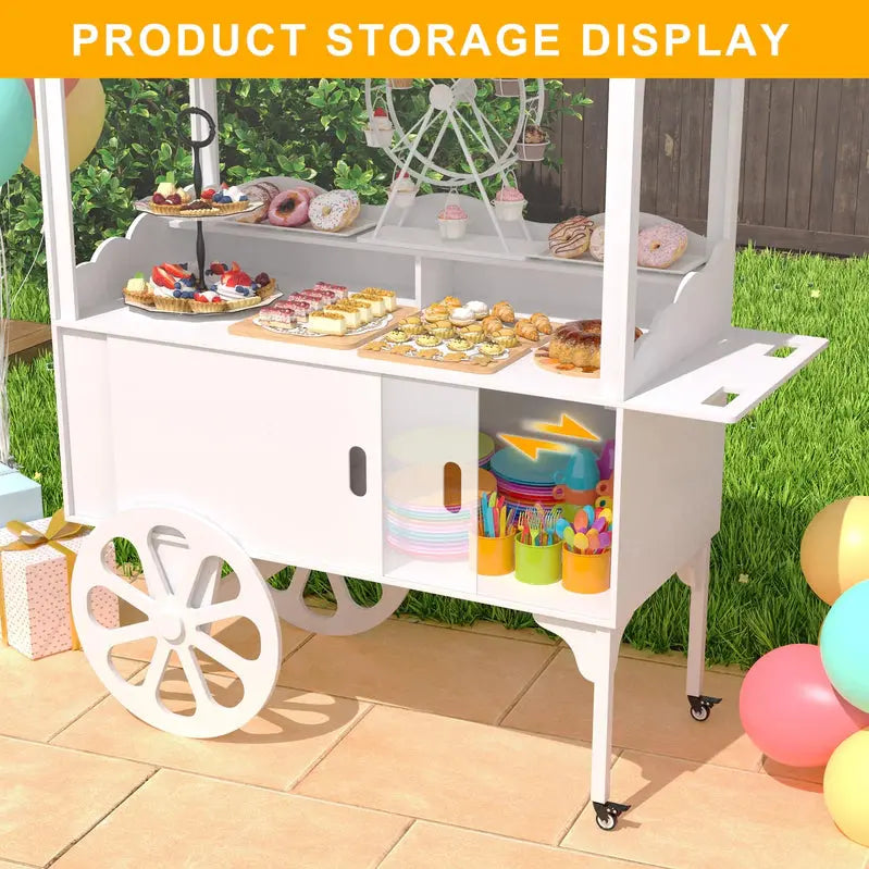 Wooden Candy Cart With Wheels, Pine Wood And MDF, Sliding-Door Cabinet