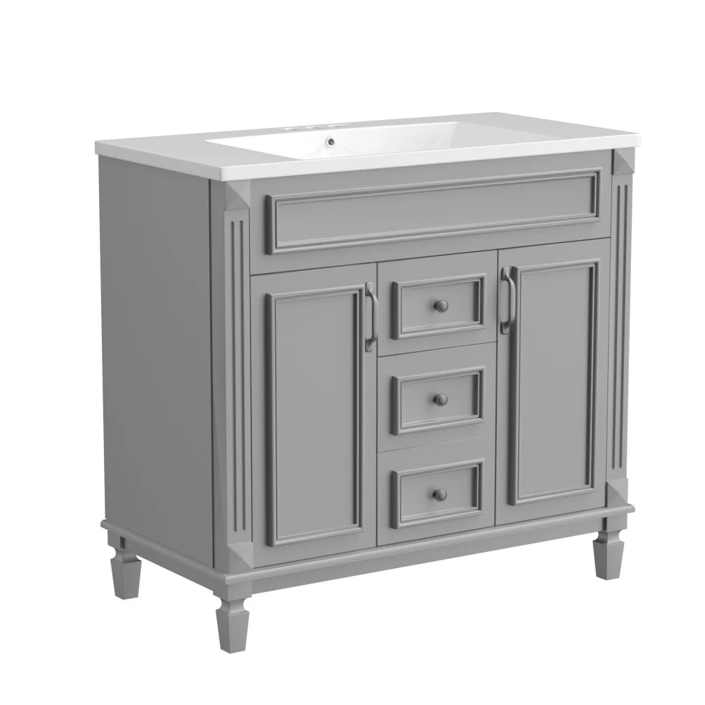 36'' Bathroom Vanity Set With Ceramic Sink Top, Mirror Cabinet, 2 Doors And 2 Drawers - Gray