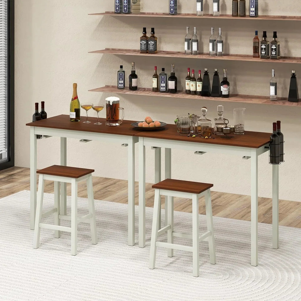 3-Piece Counter Height Bar Table Set With 2 Stools And 2 Wine Holders - Cream White & Walnut