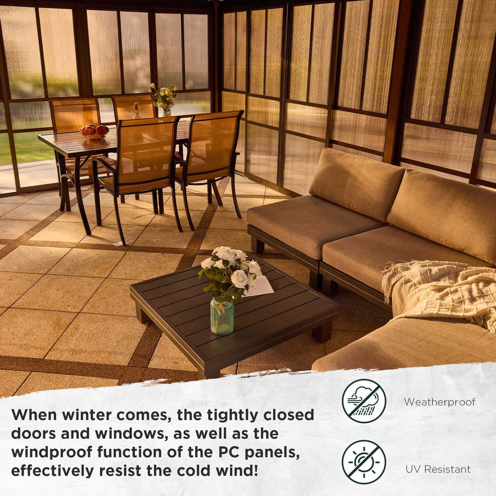 EROMMY Sunroom 10 x 12 ft With Galvanized Steel Double Roof, Aluminum Alloy Frame, Wood Grain Appearance