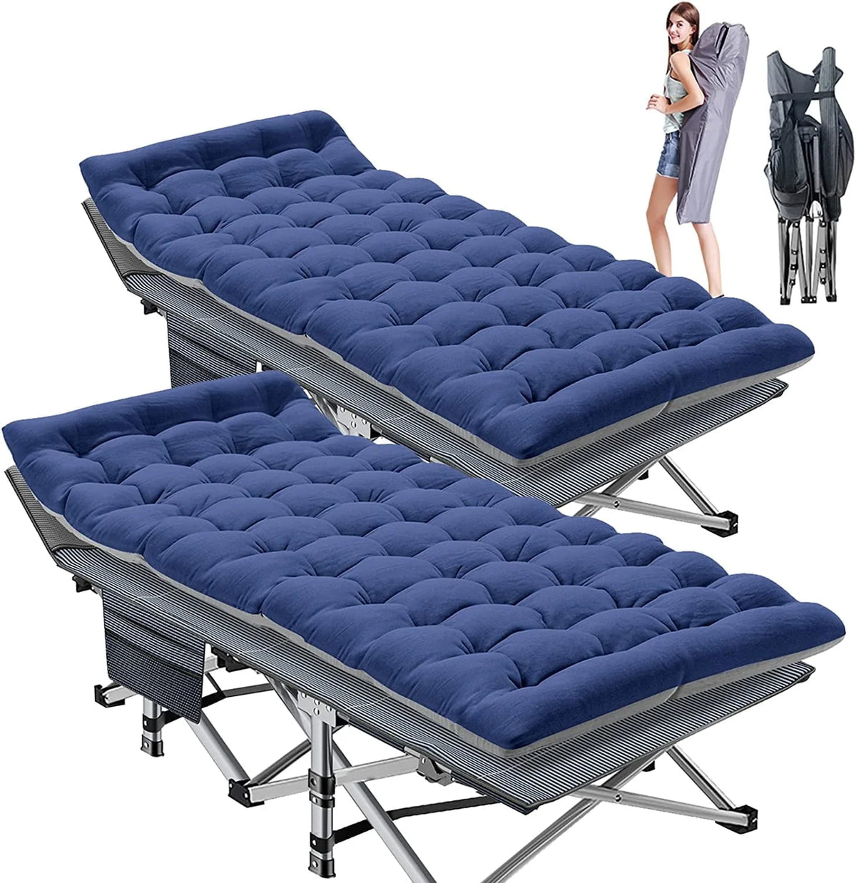 Slsy Folding Camping Cot 2 Pack, 75 x 28 x 14 in, 3.3 Inch 2-Sided Mattress - Carry Bag