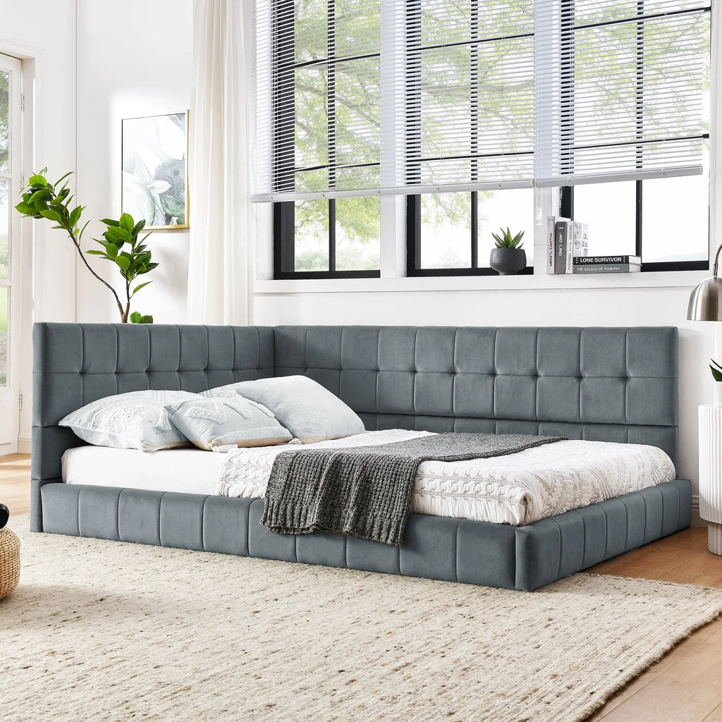 Full Upholstered Tufted Velvet Daybed Frame With Backrest And Armrests, Grey, 80.5'' x 59'' x 30.5''