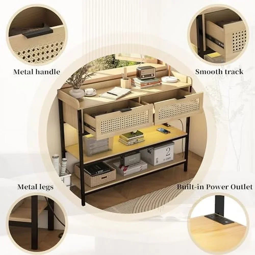 AYFDEGT Entryway Table With 2 Drawers, Outlets, USB Ports, Shelves & LED Lights - Black