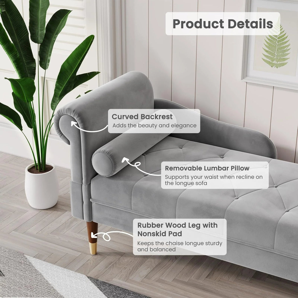 Vesgantti Velvet Chaise Lounge, 59 in, Grey