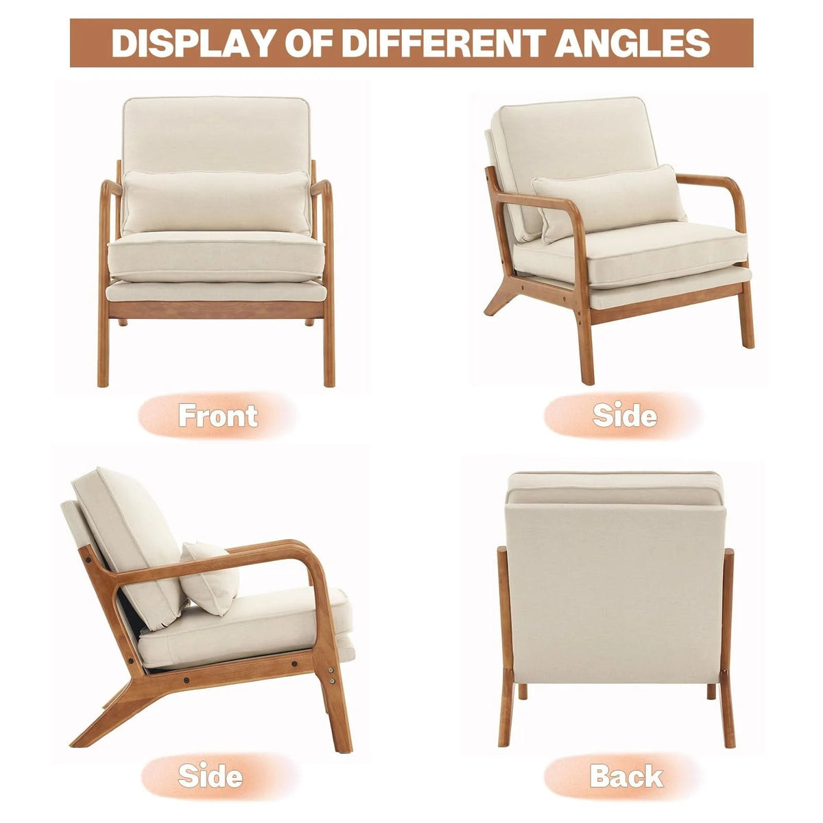 Linen Accent Lounge Chair With Solid Wood Frame, 25.6in D x 34.6in W x 36.6in H