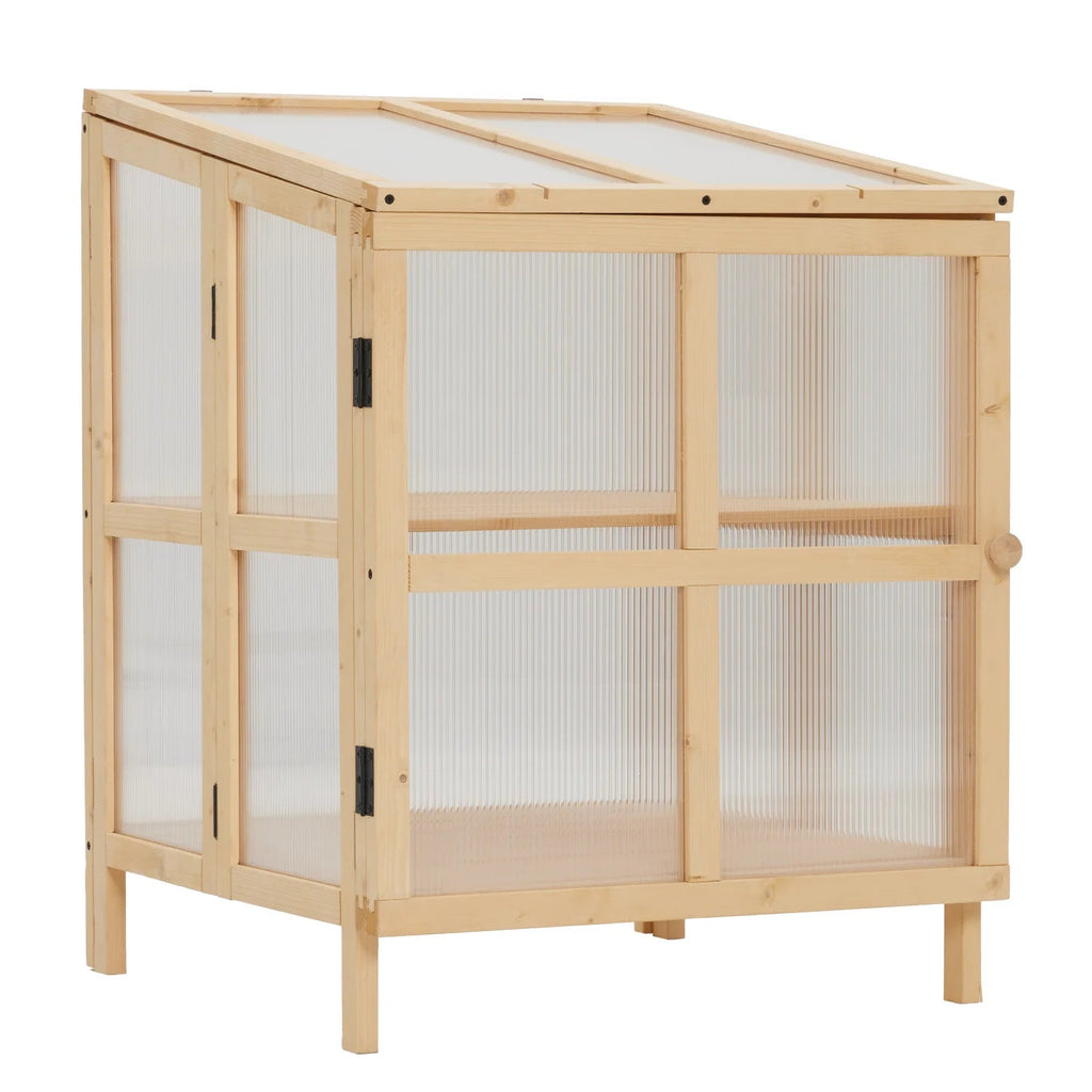 Youmumeub Wooden Cold Frame Greenhouse With 2-Tier Raised Garden Planter And Polycarbonate Panels - Foldable, Natural Wood