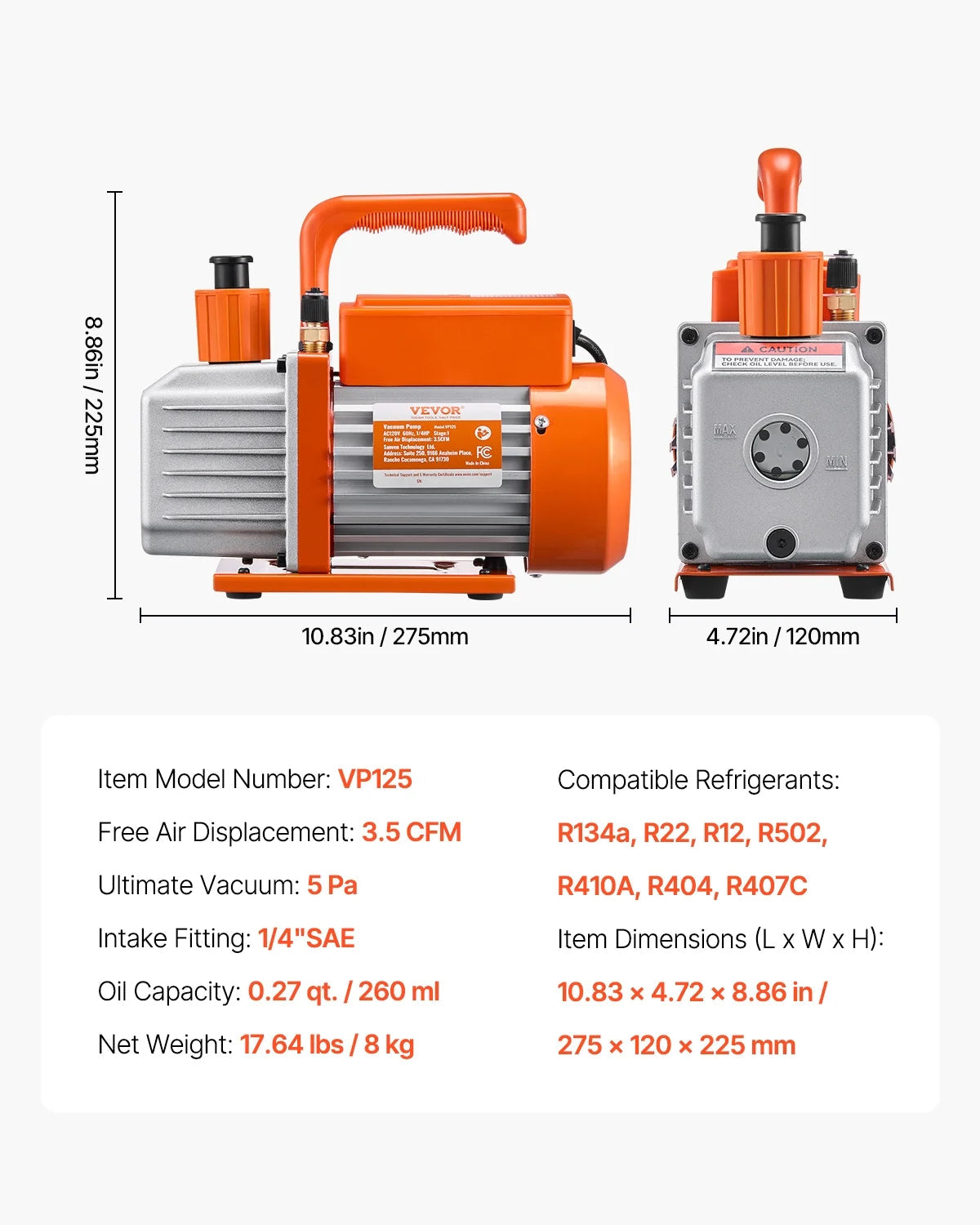 VEVOR 3.5 CFM Single-Stage AC Vacuum Pump And Manifold Gauge Set - VP125