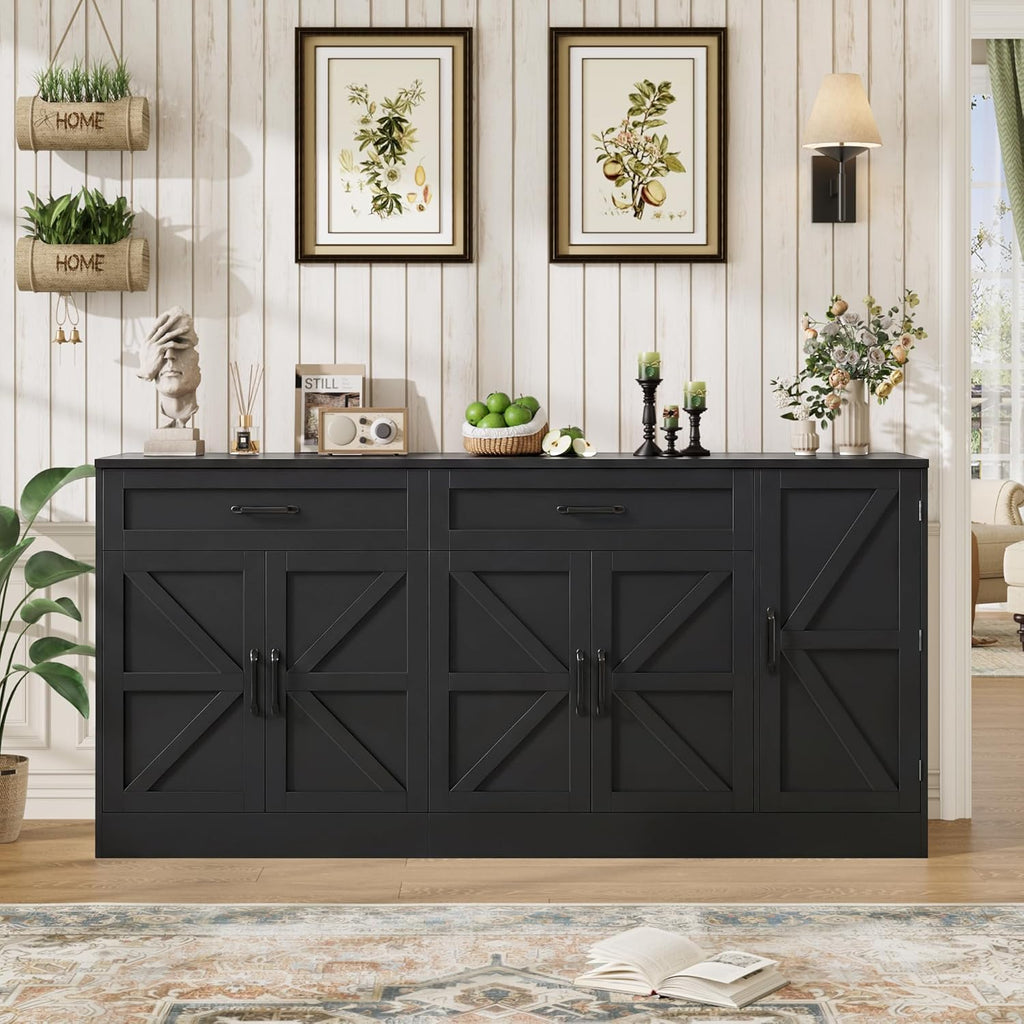 71 Inch Farmhouse Sideboard Buffet Cabinet With Adjustable Shelves And 2 Drawers - Black