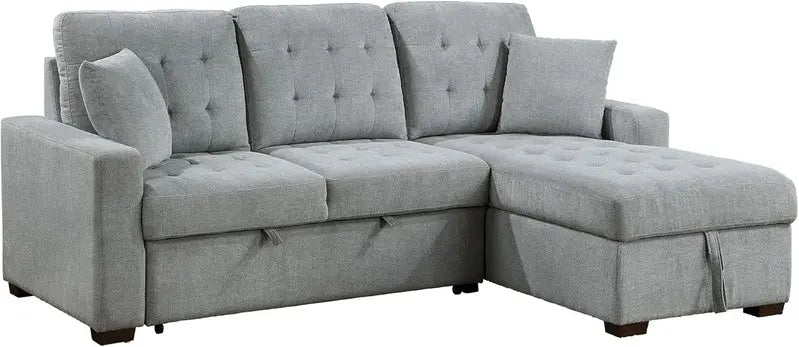 L-Shaped Sleeper Sectional Sofa With Right-Side Storage Chaise And Pull-Out Bed - Gray Fabric