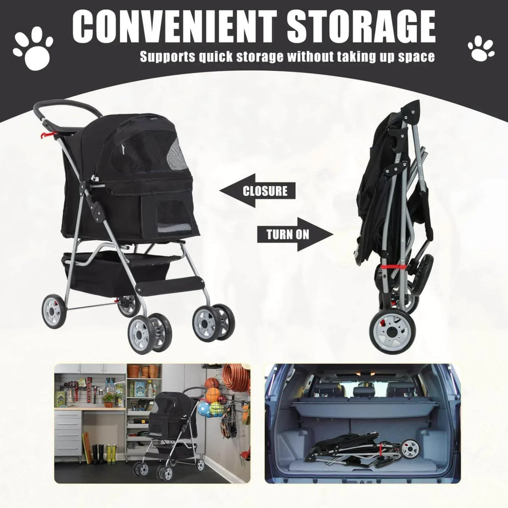 Foldable Dog And Cat Pet Stroller With Storage Basket, Removable Liner And 4 Wheels - Black