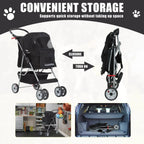 Foldable Dog And Cat Pet Stroller With Storage Basket, Removable Liner And 4 Wheels - Black