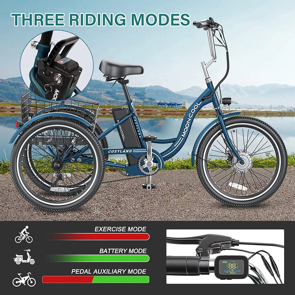 Mooncool Adult 3-Wheel Electric Tricycle, 24in 26in, 350W 36V, 7 Speeds