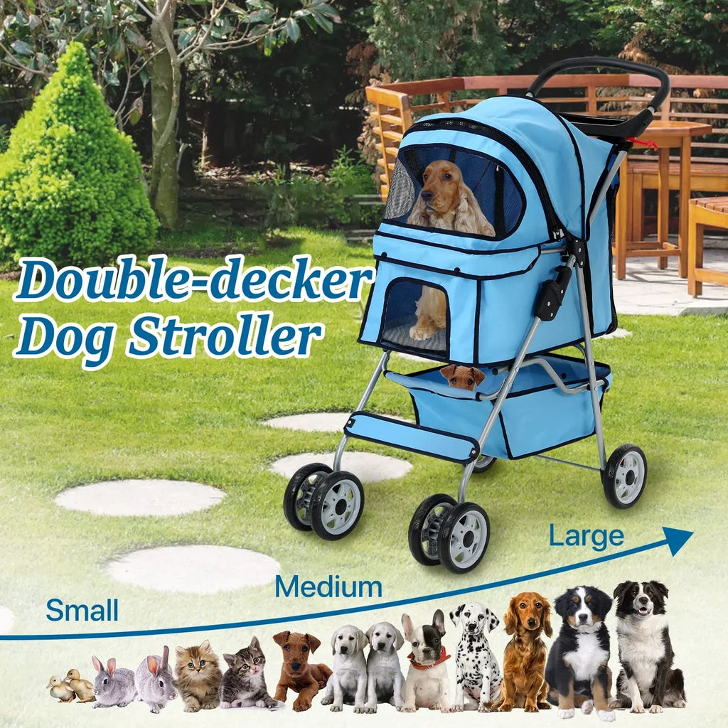 Dkelincs Folding Pet Stroller With Cup Holder And Storage Basket, Blue - 35 lbs