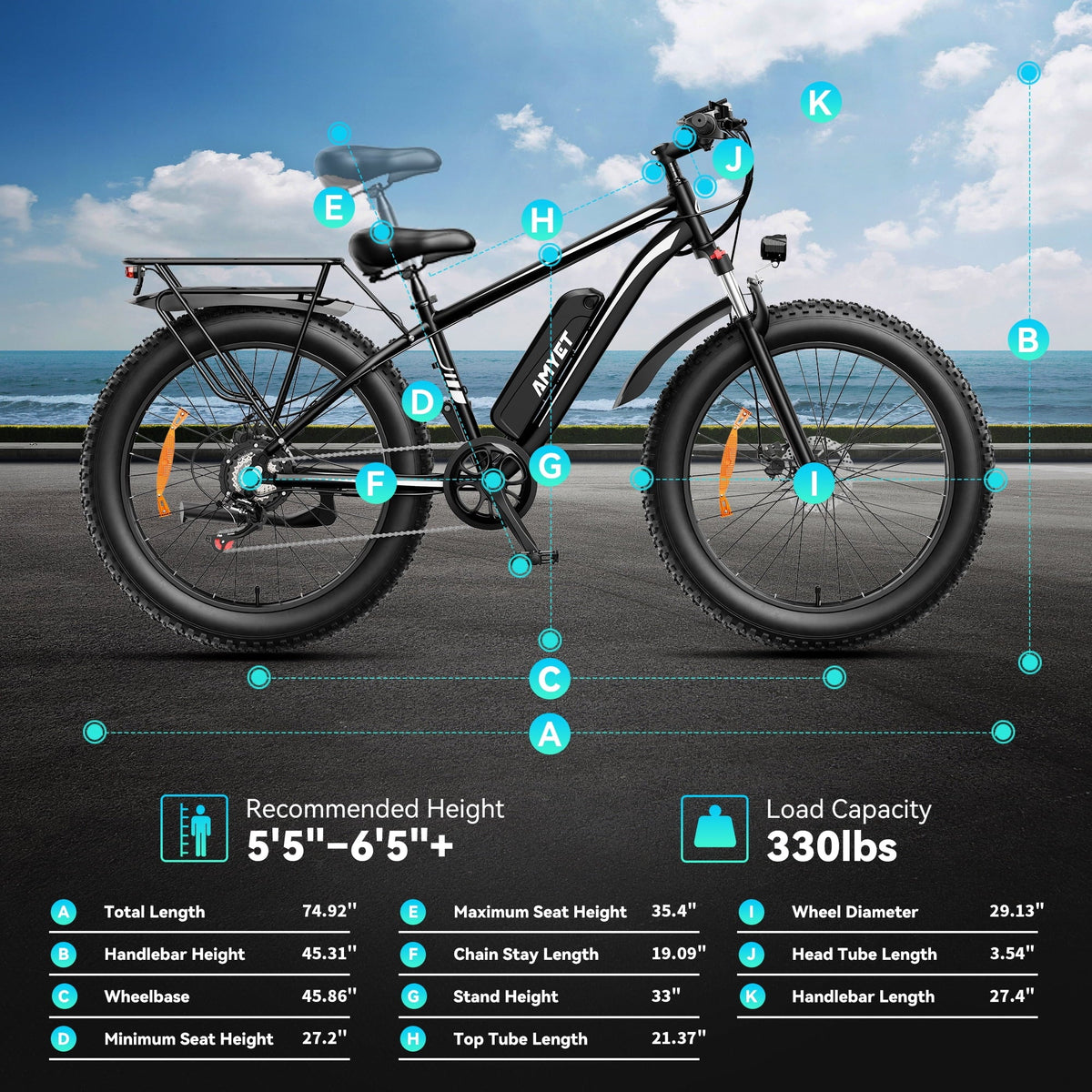 AMYET 26 x 4 Fat Tire Electric Mountain Bike, 48V 15Ah, 7-Speed - EB26