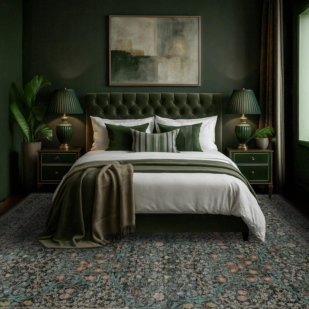 Vintage Floral Washable Area Rug, 10x14, Dark Green