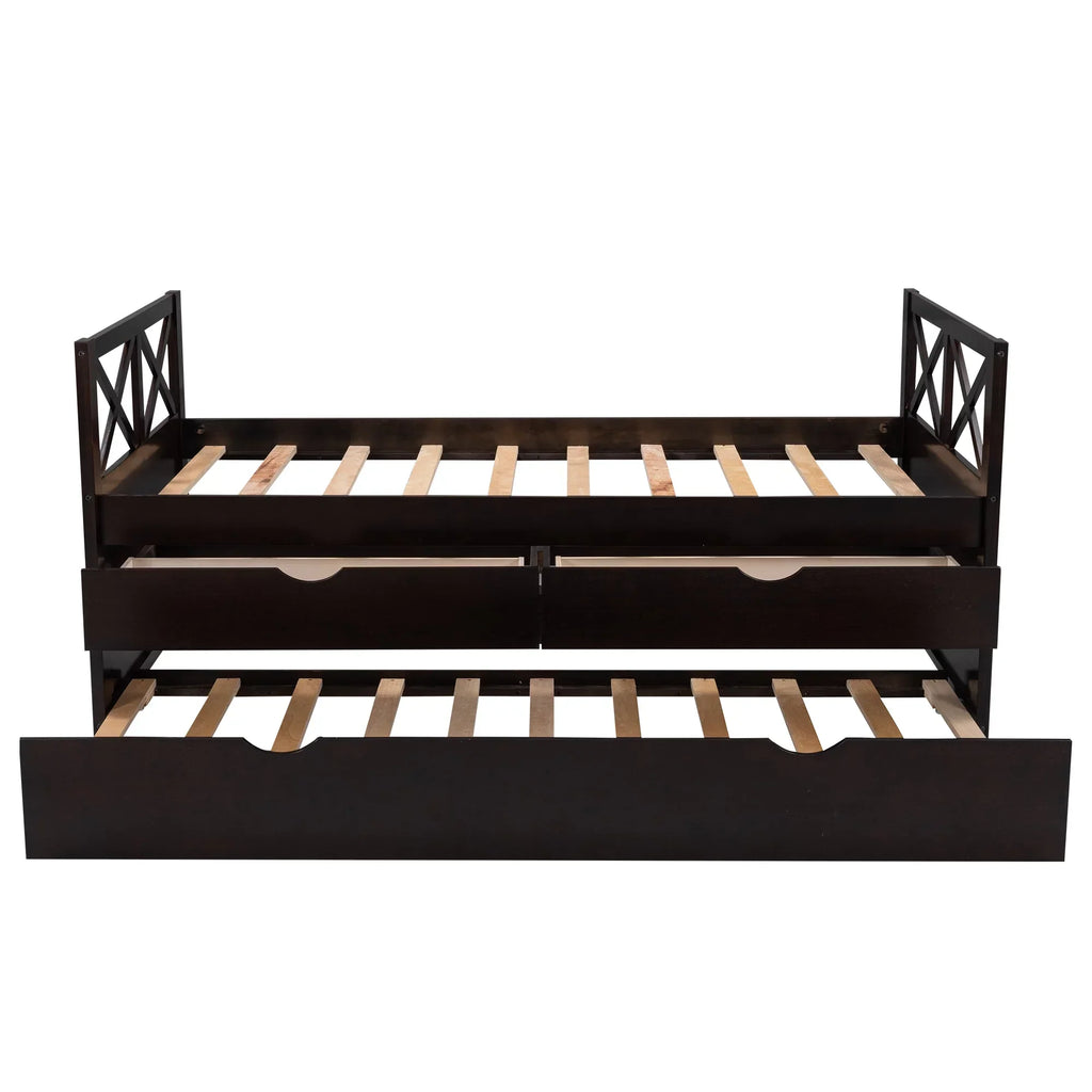 Captain Wood Twin Bed With Trundle And 3 Drawers, Brown, 78.9 in L x 42.7 in W x 36.2 in H