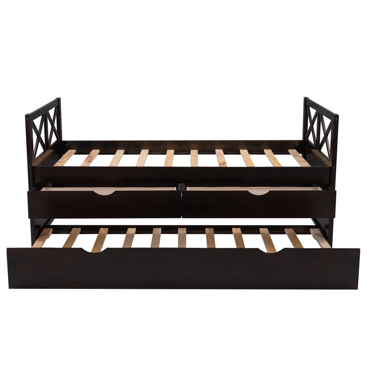 Captain Wood Twin Bed With Trundle And 3 Drawers, Brown, 78.9 in L x 42.7 in W x 36.2 in H