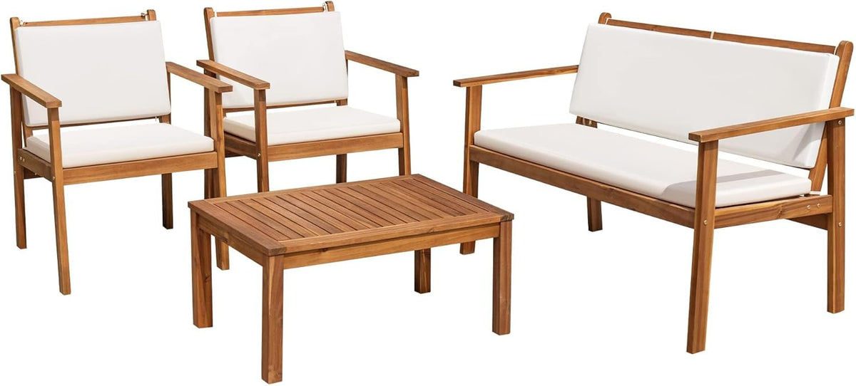 Flamaker 4-Piece Outdoor Acacia Wood Patio Conversation Sofa Set With Table And Cushions