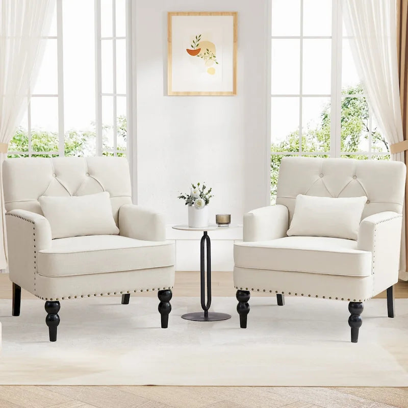 Set Of 2 Upholstered Button-Tufted Accent Chairs With Lumbar Pillows - 30 x 29 x 35 inches