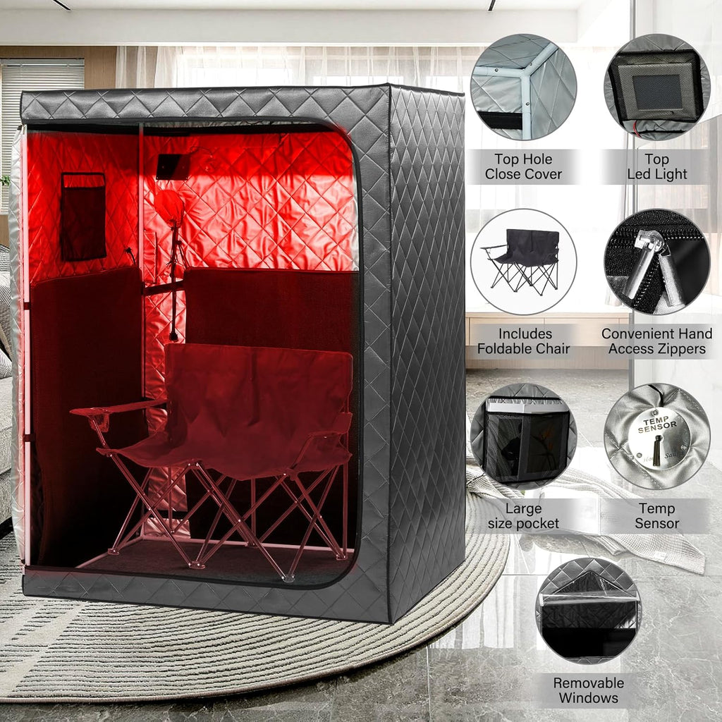 Portable 2-Person Infrared Sauna Tent With 2 Foldable Chairs, Remote Control, 1600 Watt, 140 Fahrenheit