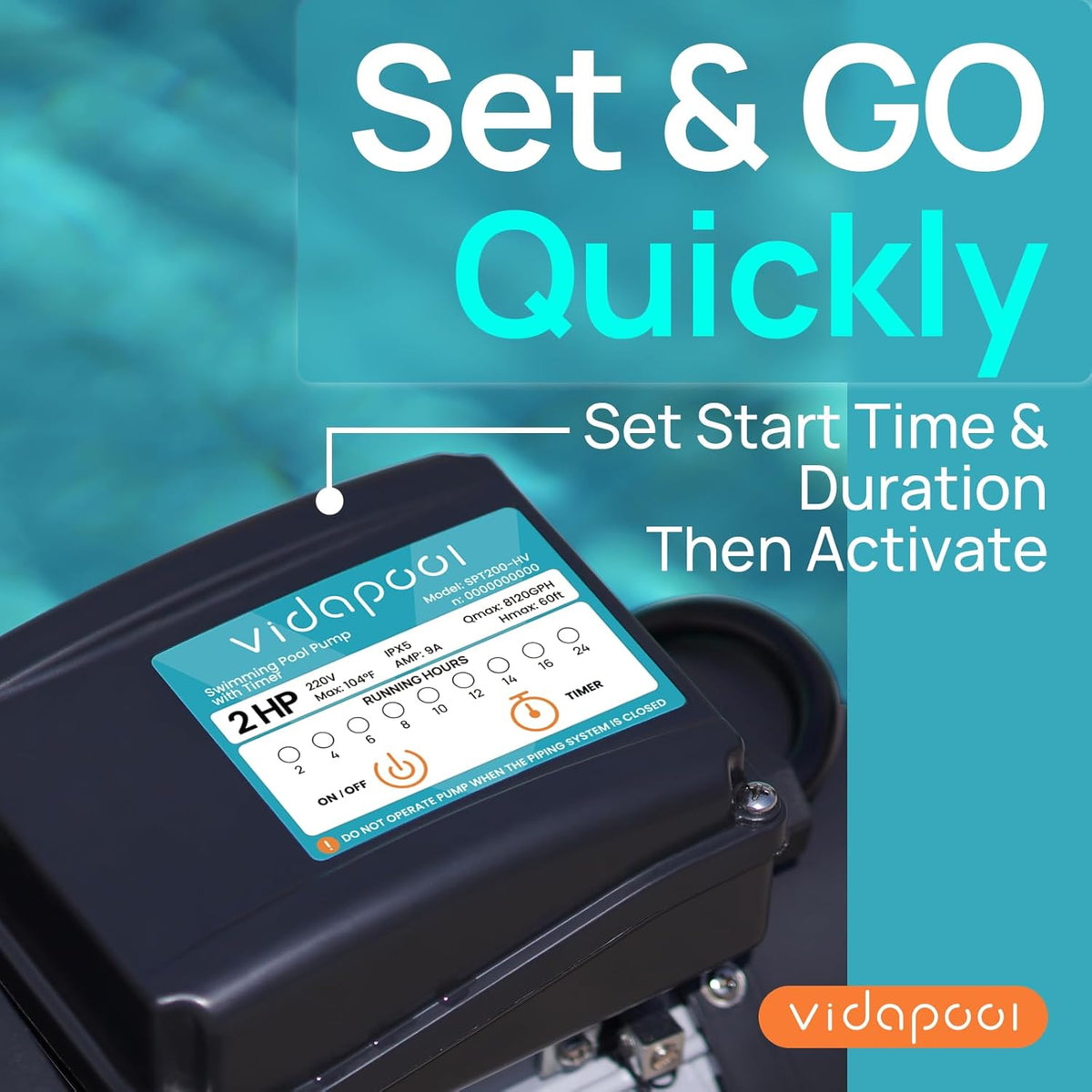 Vidapool In/Above Ground Pool Pump, Self-Priming, 2HP, 8120 GPH, 220V With Timer