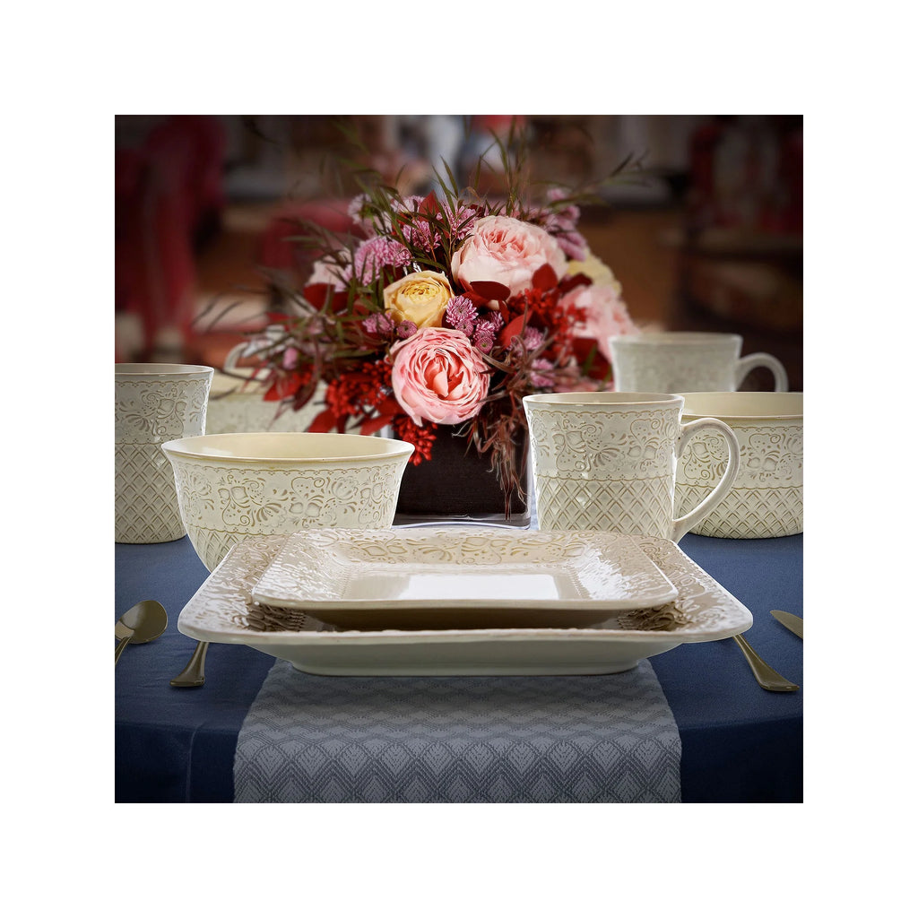 Elama Ivory Lotus 16 Piece Square Stoneware Dinnerware Set