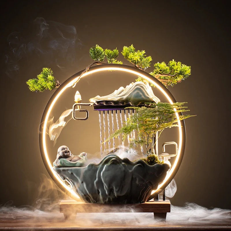 Waterfall Incense Burner With LED Lamp And Circulating Water Fountain