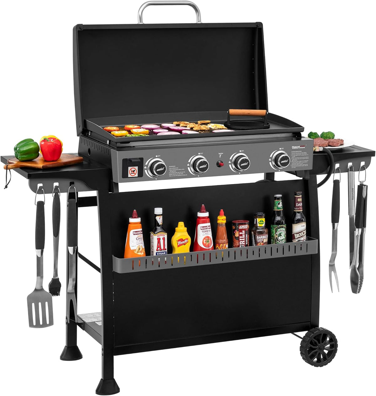 Royal Gourmet 30-Inch 4-Burner Propane Gas Griddle With Convertible Cart And Hood - PD4001