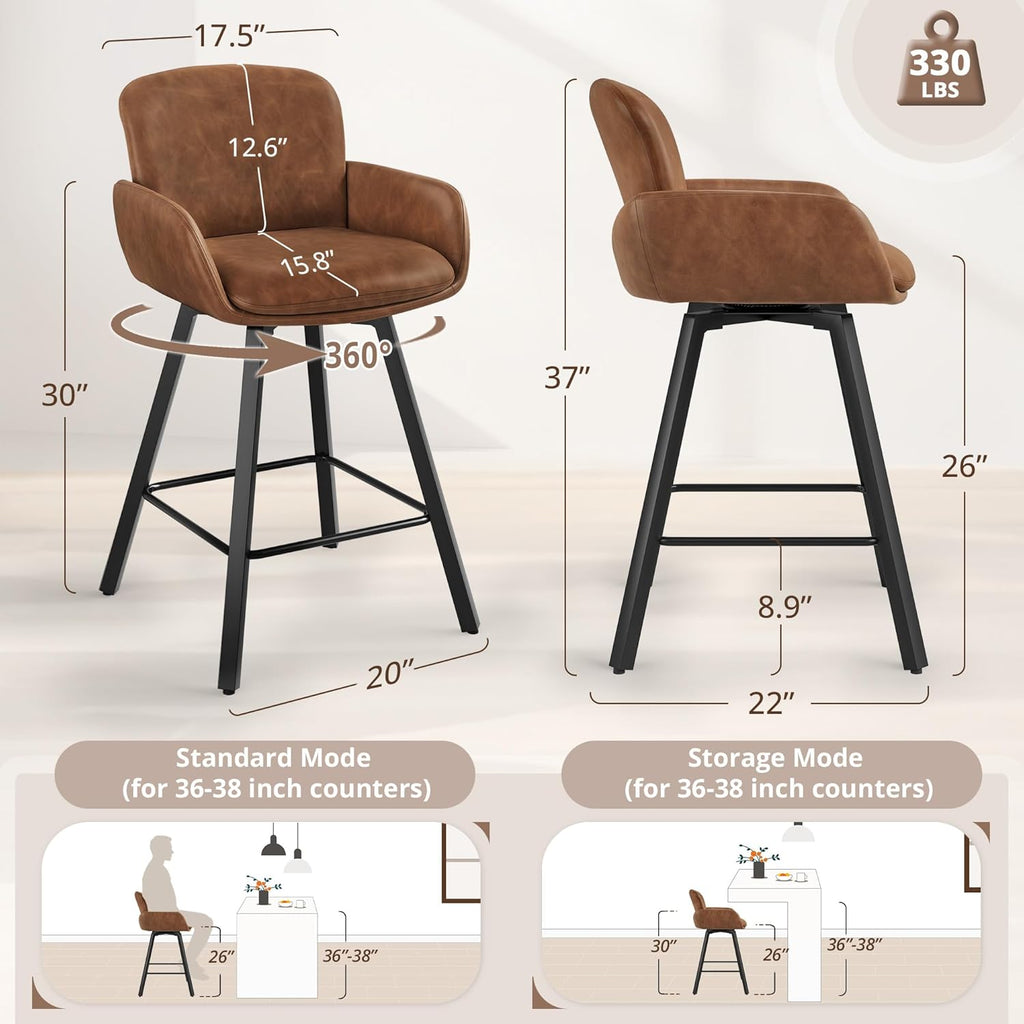 LUE BONA Counter Height Swivel Bar Stools With Backrest And Arms, 26 in, Set Of 6, Brown