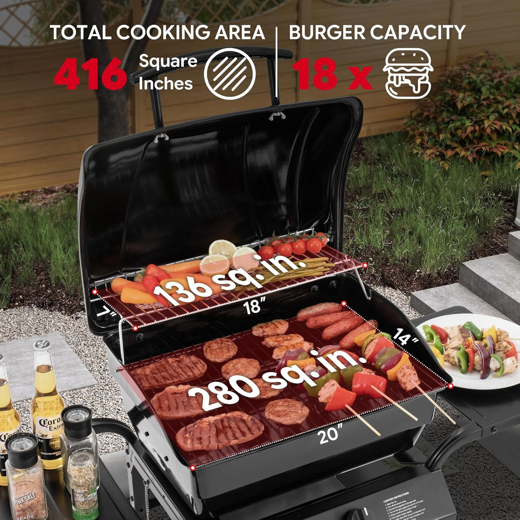 2 Burner Propane Gas Grill, 26,500 BTU, Porcelain-Enamel Body And Lid, 416 Sq. In. - With Warming Rack And Side Tables