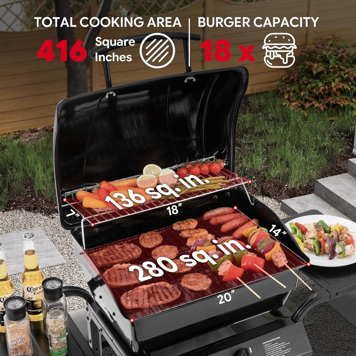 2 Burner Propane Gas Grill, 26,500 BTU, Porcelain-Enamel Body And Lid, 416 Sq. In. - With Warming Rack And Side Tables