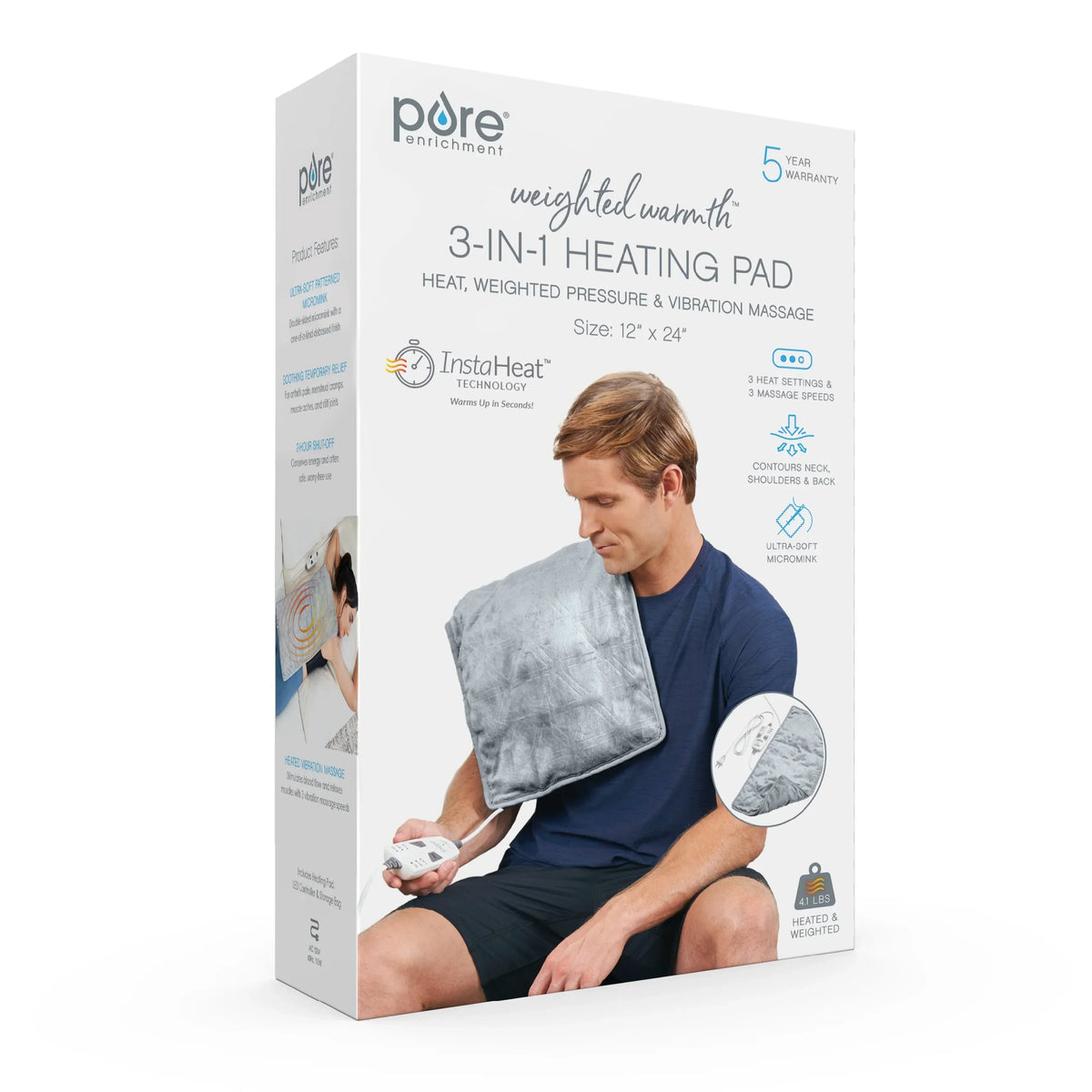 Pure Enrichment 3-in-1 Heating Pad, 12 in x 24 in, Steel Gray - WeightedWarmth