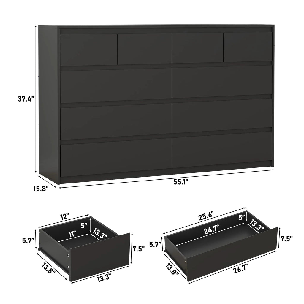 ChVans 9-Drawer Dresser With Charging Station, Black, 63in x 15.7in x 31.5in