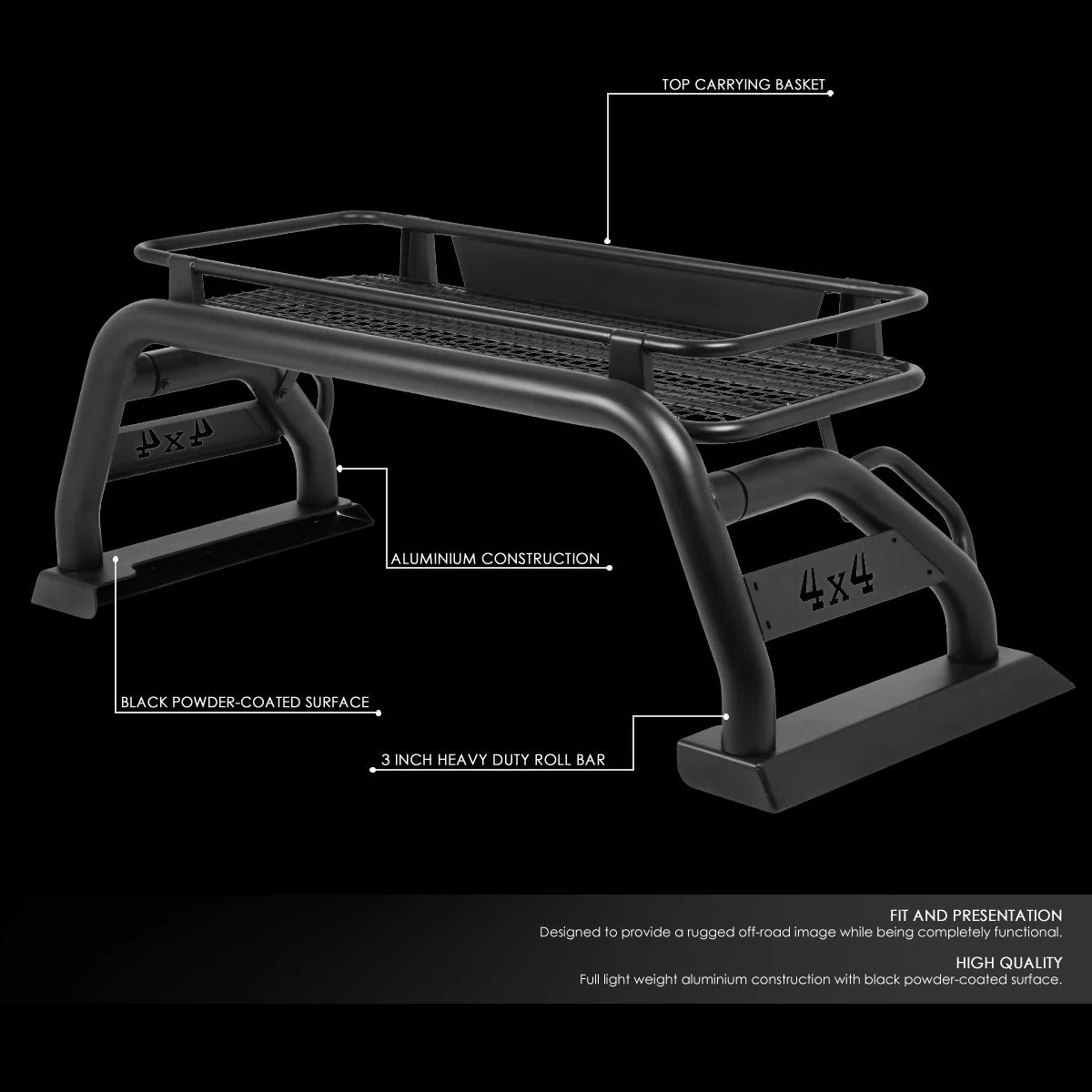 DNA Motoring Toyota Tacoma 2015-2019 Truck Bed Aluminum Roll Bar With Roof Cargo Rack, 3 in Tubing - TCRB-002