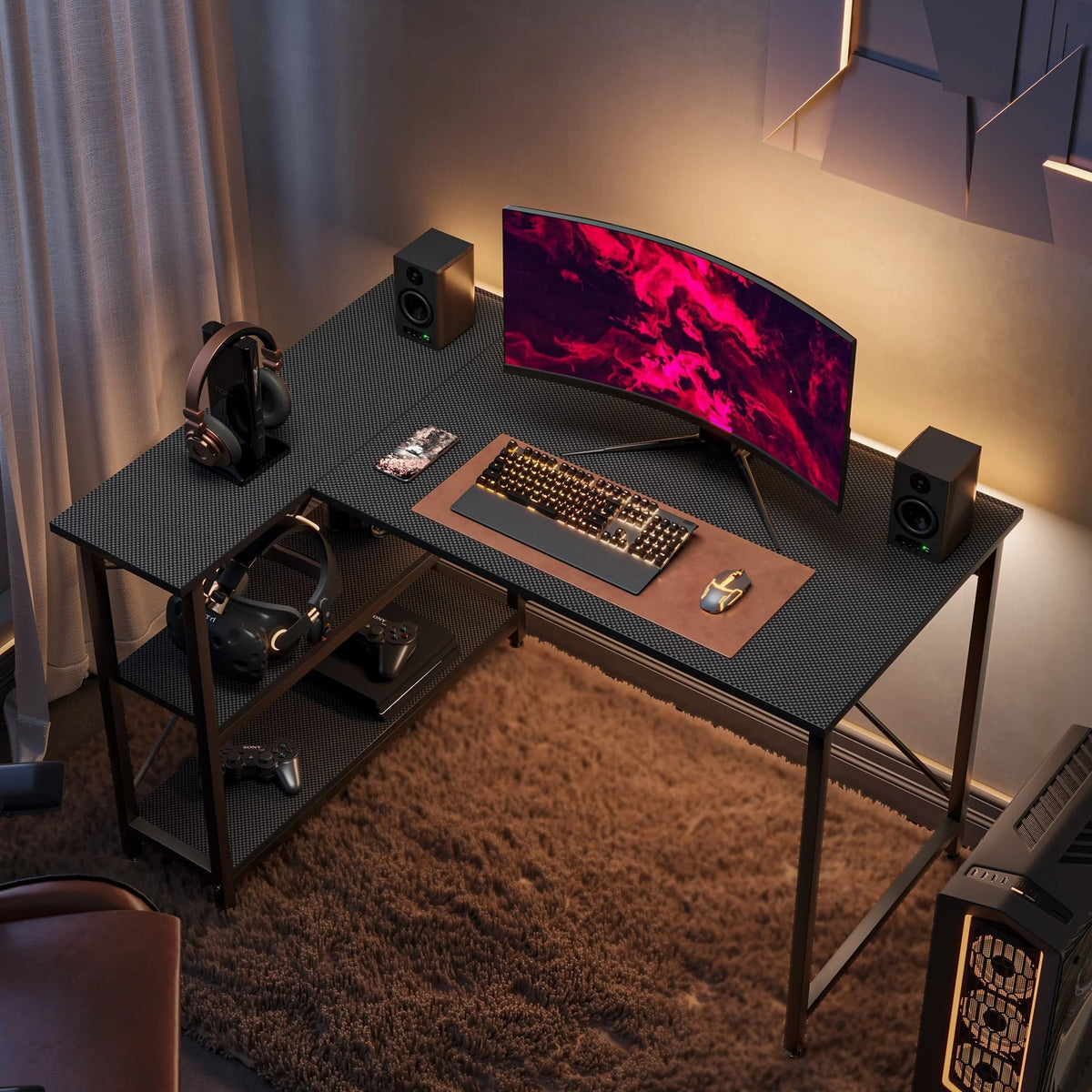 Small L-Shaped Computer Desk With Reversible Storage Shelves - 55-Inch / 47-Inch