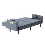 Modern Grey Fabric Futon Sofa Bed With Solid Wood Legs And Accent Pillows