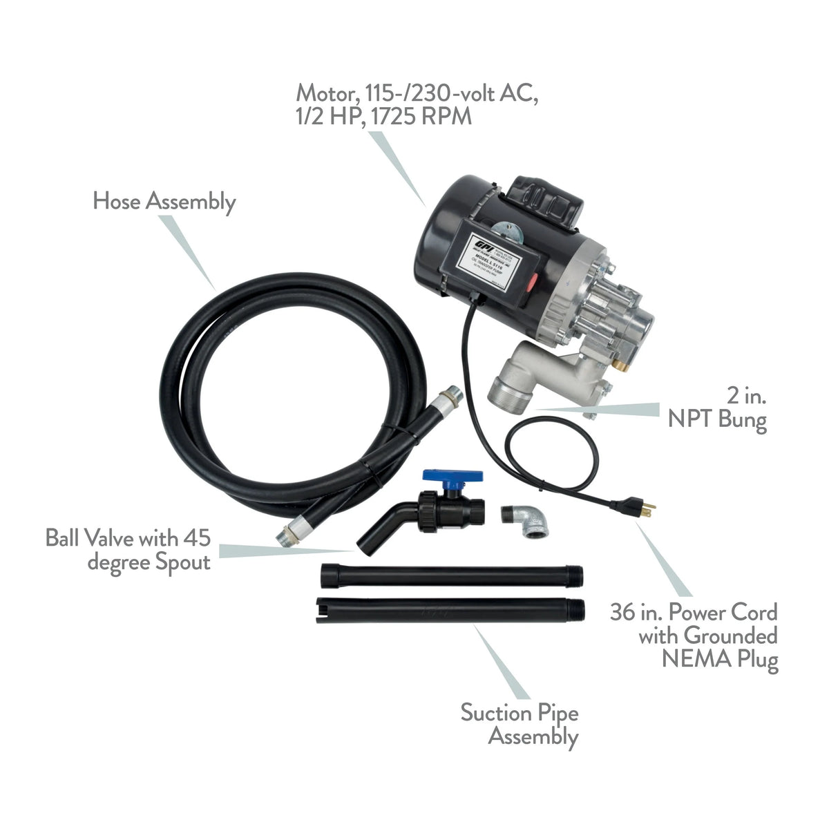 GPI High Viscosity Oil Transfer Pump, 16 QPM, 115V/230AC, 0.75 in Ball Valve, 8 Foot Hose - L5116 142100-01