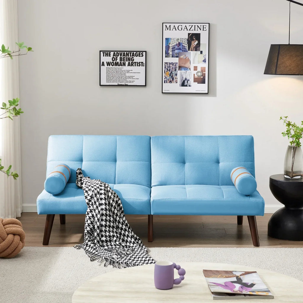 Blue Linen Convertible Futon Sofa Bed With Solid Wood Legs - 65.7in L x 32.2in W x 30in H