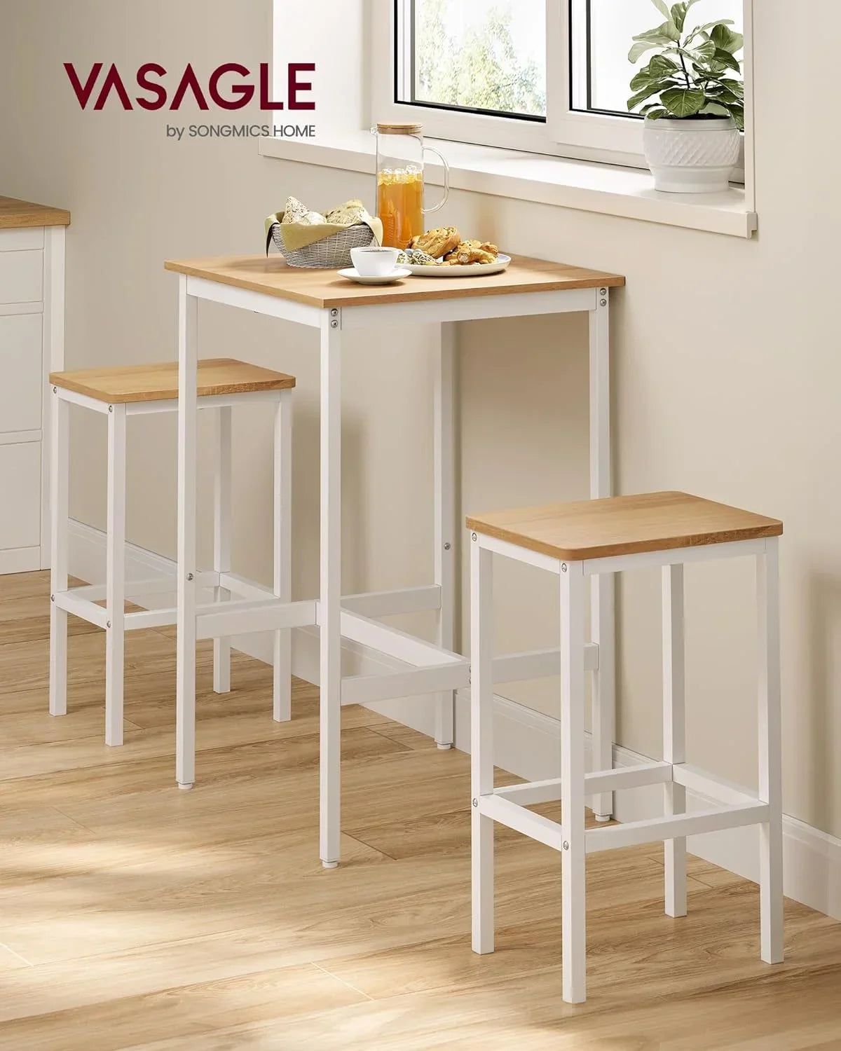 Square Bar Table And 2 Bar Stools Set, Golden Oak And Cloud White